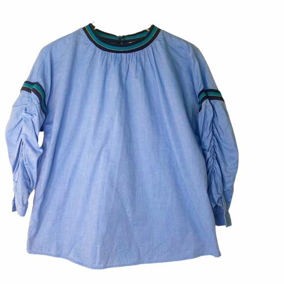 Zara Basic Chambray Tape Banded Shirred Sleeves Blouse Top Medium - Picture 2 of 7